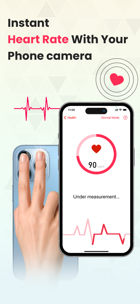 Un iPhone mostrando una lectura de 90 bpm de frecuencia cardíaca mientras una mano cubre la cámara para la medición.