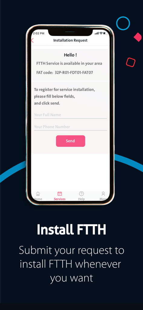 FTTH - Smartphone affichant l'écran de demande d'installation de l'application FTTH avec un formulaire pour s'inscrire au service internet fibre optique.