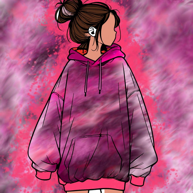 realistic girl with a oversized sweatshirt on and a bun