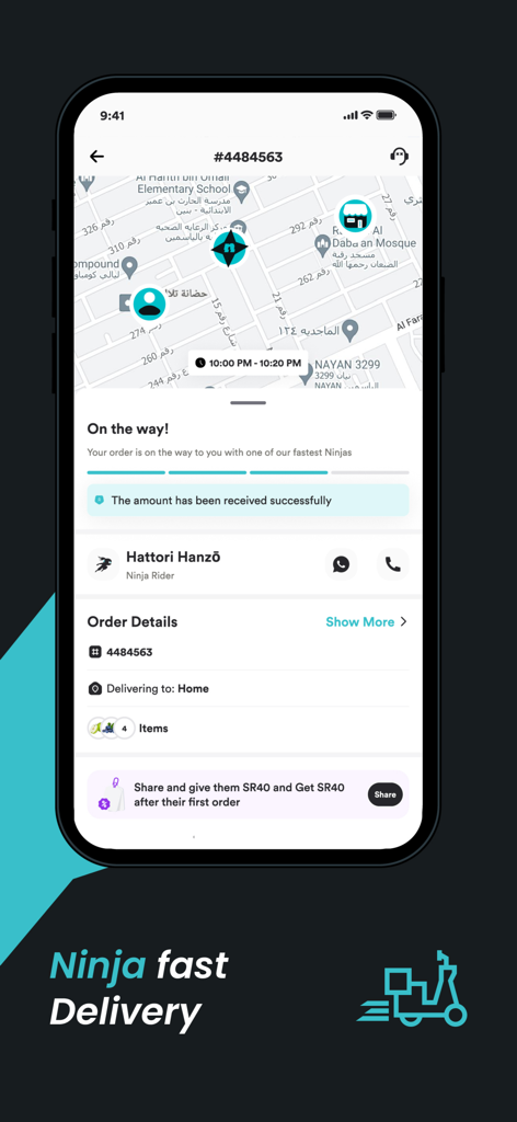 Benutzeroberfläche der Ninja-App, die eine Echtzeit-Sendungsverfolgung auf einer Karte anzeigt