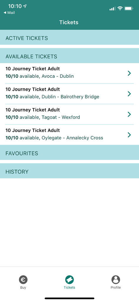 TFI Go - Screenshot of the TFI Go app showing a list of available 10-journey adult bus tickets for various routes in Ireland