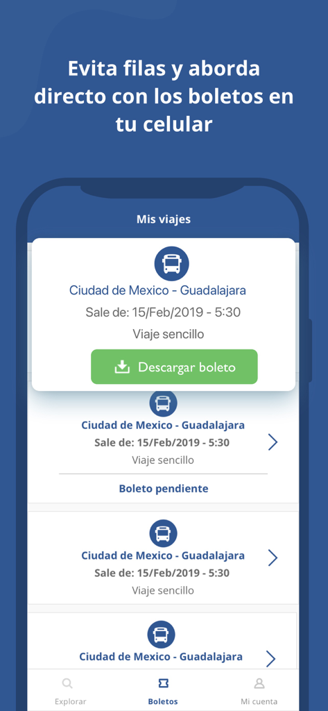 CostaLine - Rutas en Autobus - Interfaz de la app CostaLine mostrando boletos de autobús digitales para rutas como Ciudad de México a Guadalajara