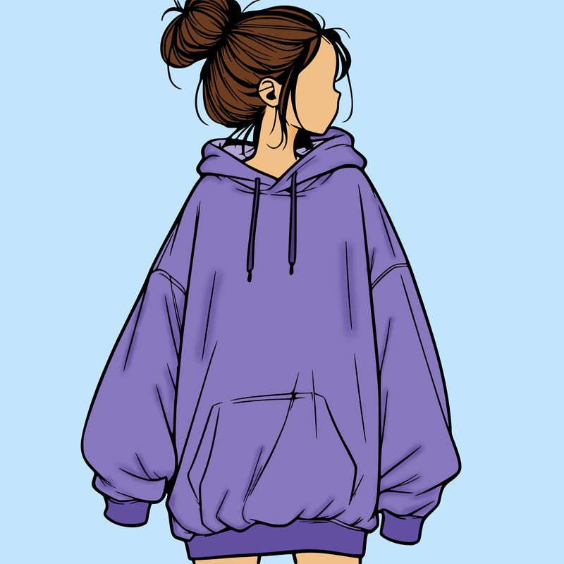 realistic girl with a oversized sweatshirt on and a bun