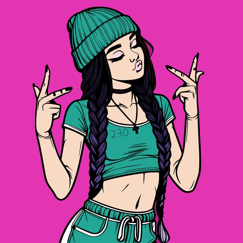 realistic teenage girl with braids and a beanie and crop top doing 🫶🏼