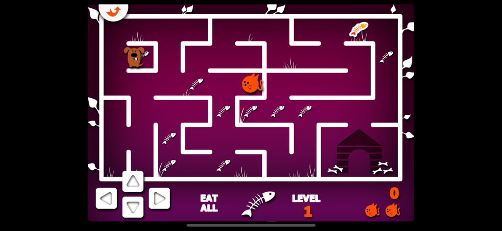 Un nivel de juego de laberinto donde un gato naranja recoge sardinas mientras evita a un perro marrón