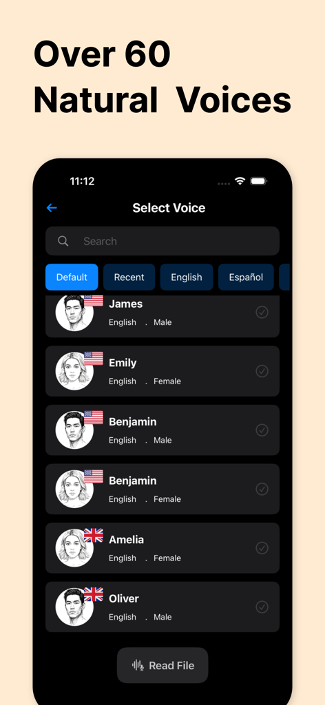 Read Aloud: AI Text to Speech - Oberfläche der Vorlesen-App, die eine Liste von über 60 natürlichen KI-Stimmen für die Text-zu-Sprache-Konvertierung zeigt.