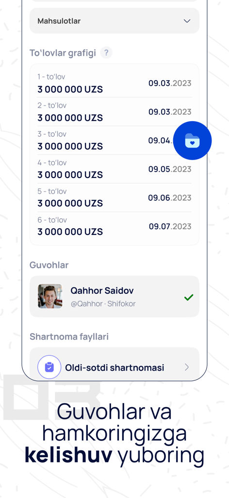 Hesap - Schermata dell'app mobile che mostra le rate di pagamento e la gestione dei contratti in Hesap