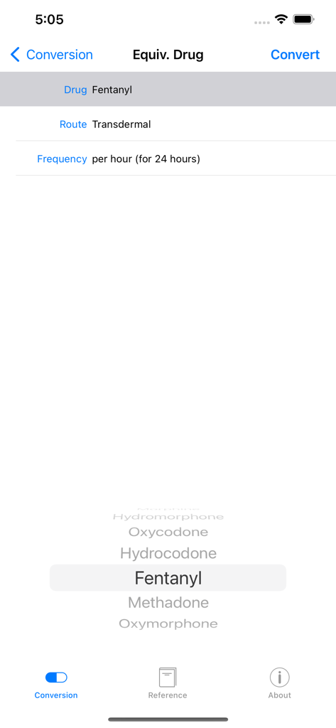 Interfaccia dell'app Conversione del Dosaggio degli Oppioidi che mostra il Fentanyl selezionato come farmaco equivalente per il calcolo.