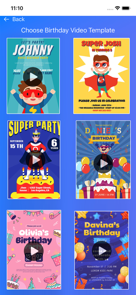 Birthday Invitation Maker ! - Selection of animated birthday invitation templates for kids featuring superheroes and pink themes