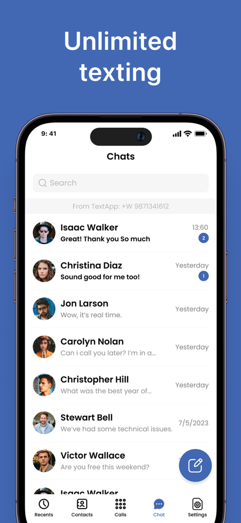 Text App: Calling+Texting Now - iPhone screen showing the unlimited texting chat list in the Text App