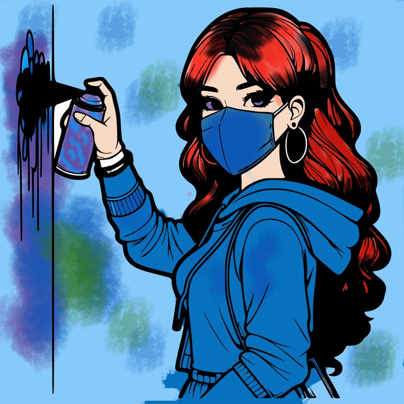 realistic girl with mask spray painting a wall
