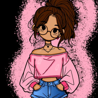 girl with a messy ponytail glasses a baggy crop top and jean shorts