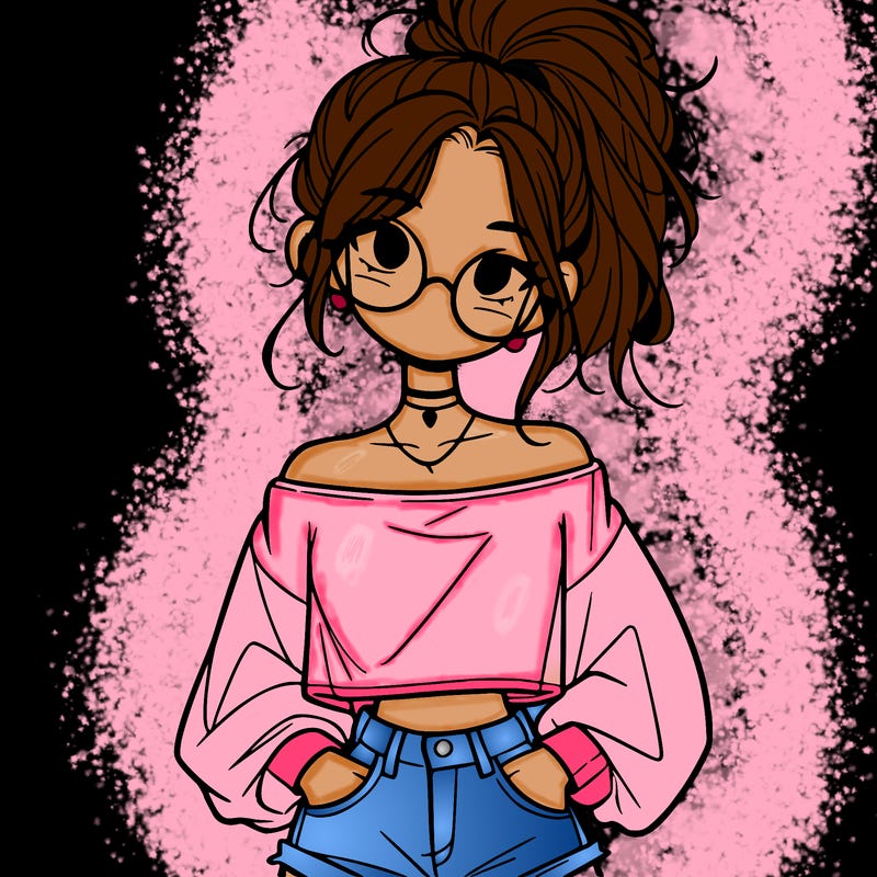 girl with a messy ponytail glasses a baggy crop top and jean shorts