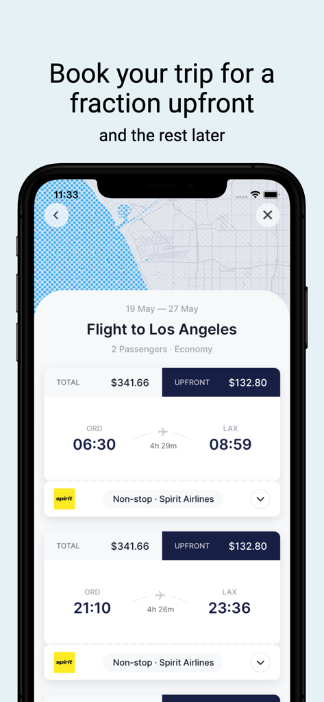 Airfordable app interface showing flight options from Chicago to Los Angeles with upfront and total payment breakdown