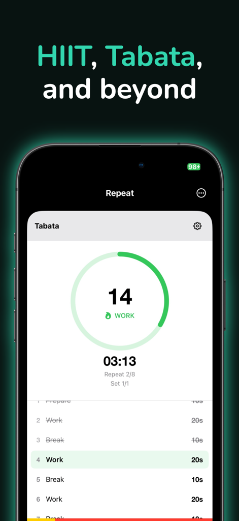 Timer for Workouts - Repeat - Tela do smartphone mostrando a interface do aplicativo Repeat de temporizador de treino com uma contagem regressiva Tabata para treino HIIT