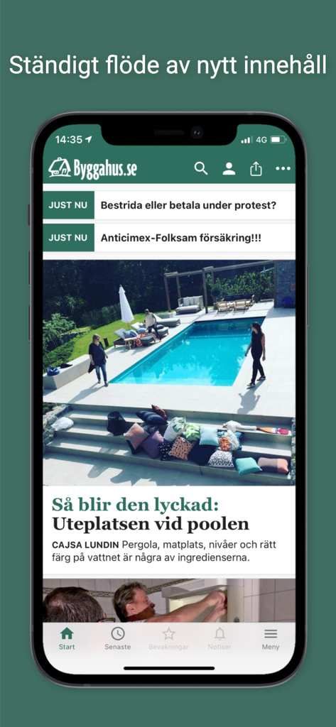 Byggahus.se - Pantalla de smartphone que muestra la aplicación de mejoras para el hogar Byggahus con un artículo sobre diseño de piscinas y patios.