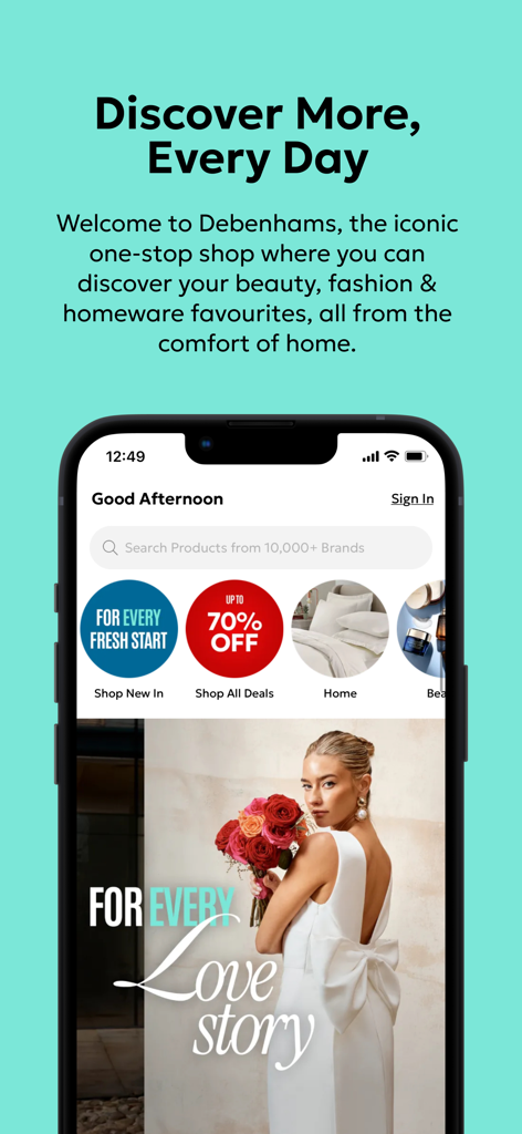 Debenhams app home screen displaying fashion beauty and home categories with a promotional bridal banner