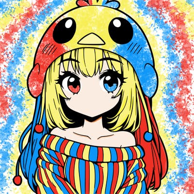 anime girl with chick shaped hat with sweater with bare shoulders with bangs covering them one eye with low tail