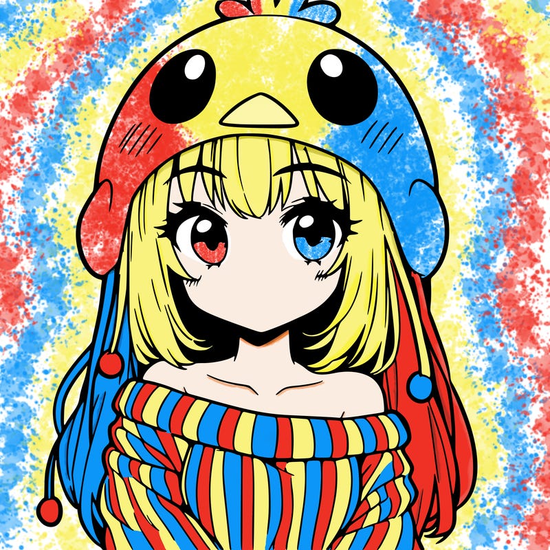 anime girl with chick shaped hat with sweater with bare shoulders with bangs covering them one eye with low tail