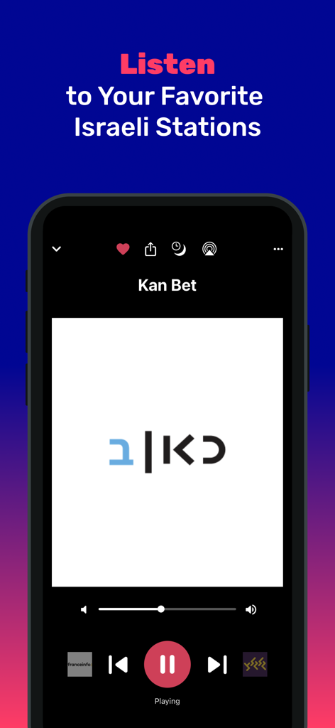 RLive app player interface playing Kan Bet radio station