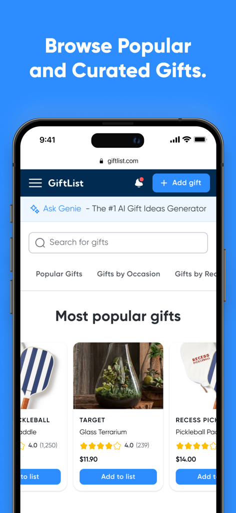 GiftList – Wishlist & Registry - GiftList mobile app screen displaying a curated selection of most popular gifts with an AI gift ideas generator.