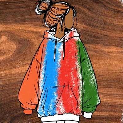 realistic girl with a oversized sweatshirt on and a bun