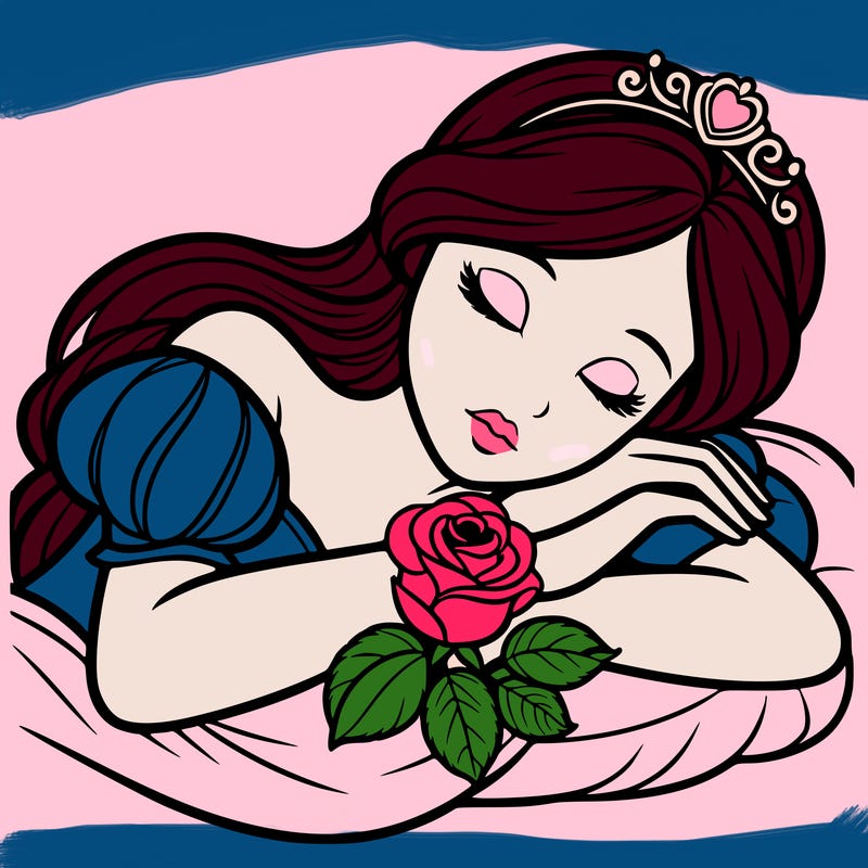 a fairytale princess sleeping with her hands crossed on her chest and a rose on her chest realistic