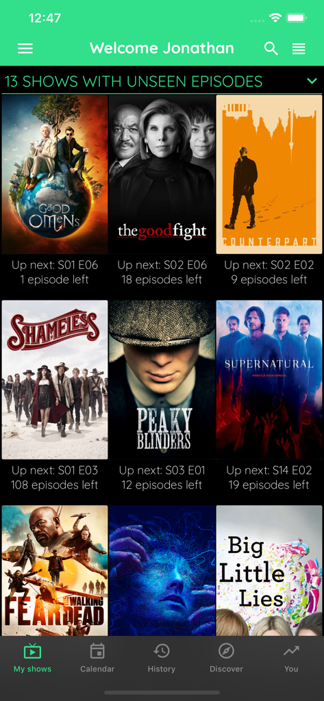 TV Show & Movie Tracker - Dashboard of TV Show Tracker app displaying a list of shows with unseen episodes