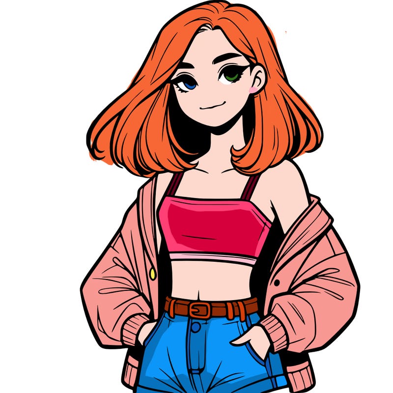 a realistic girl with a crop top and short shorts in an open jacket