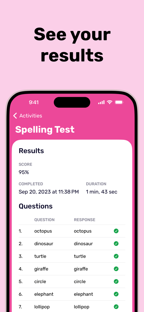 Spell It: Spelling Bee Games - Eine Ergebnisübersicht für einen Rechtschreibtest in der Spell It App, die eine Punktzahl von 95 Prozent und eine Liste der richtigen Wörter zeigt.