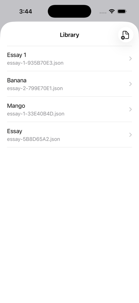 Library screen displaying a list of saved essays and documents in the app.