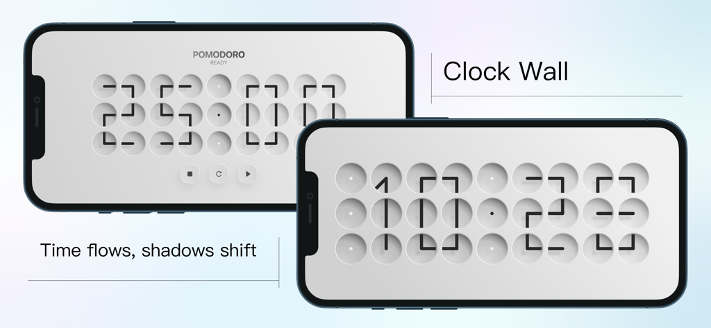 Zen Flip Clock - Minimal Timer - Una interfaz de pared de reloj minimalista para Zen Flip Clock mostrando un temporizador Pomodoro en dos iPhones