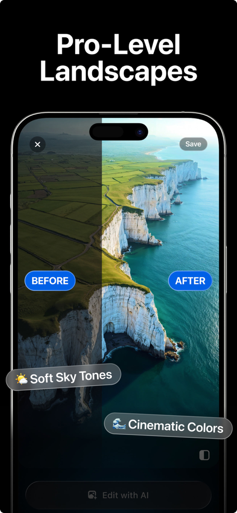 Photo CamAI: AI Photo Editor - Comparação antes e depois de uma paisagem costeira editada com cores cinematográficas usando Photo CamAI