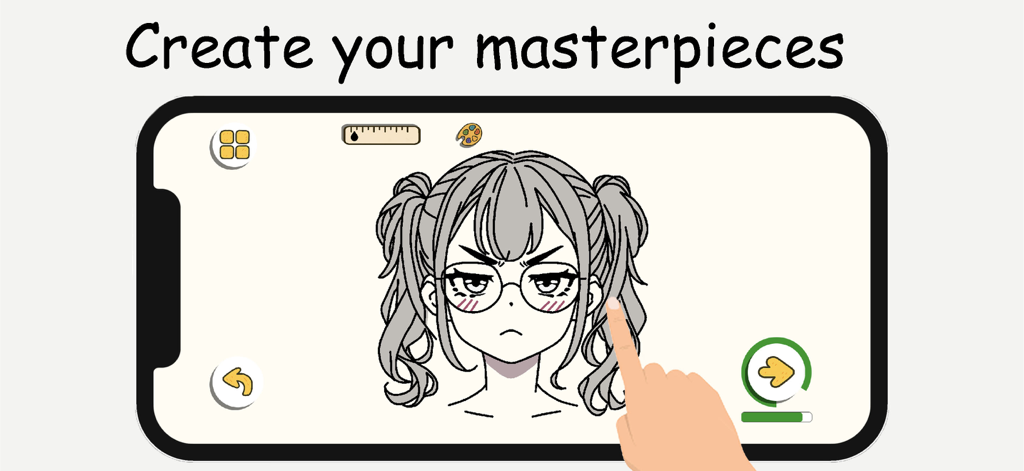 ArtLoop: How To Draw Lessons - Une personne utilisant un doigt pour dessiner un personnage d'anime fille sur un smartphone avec l'application ArtLoop