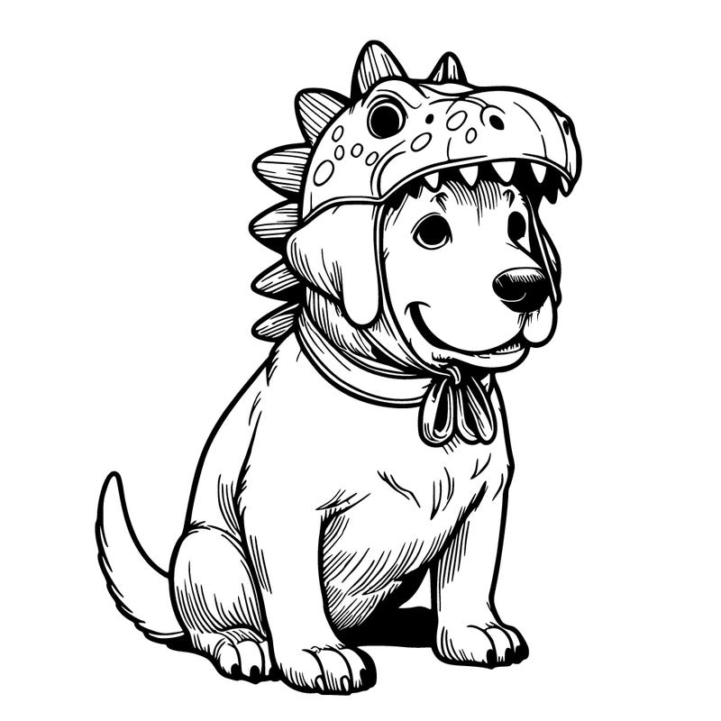 realistic dog with a dinosaur hat on
