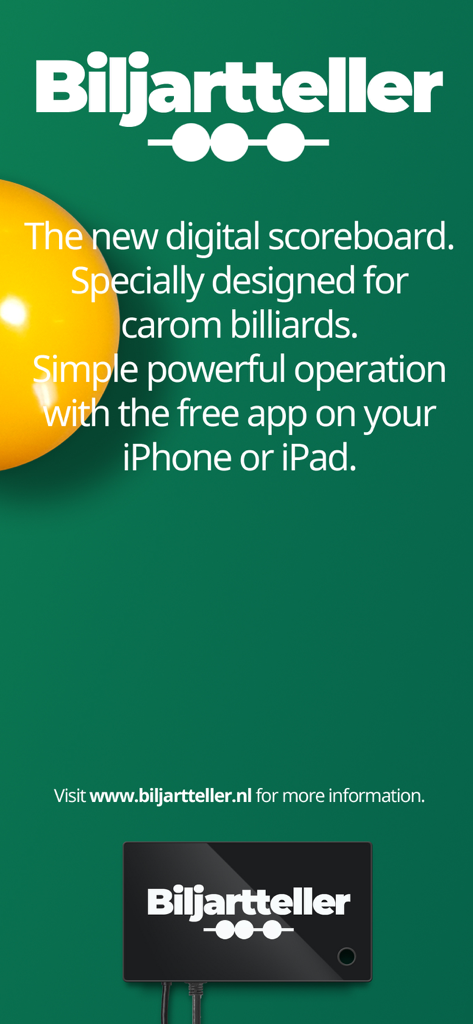 Gráfico promocional para el marcador digital de billar carambola y la aplicación móvil Biljartteller