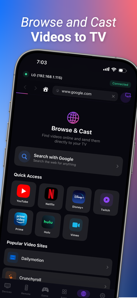 Remote Control for TV - Play + - Interface do aplicativo Controle Remoto para TV mostrando o recurso de navegação e transmissão com acesso rápido a serviços de streaming como YouTube e Netflix