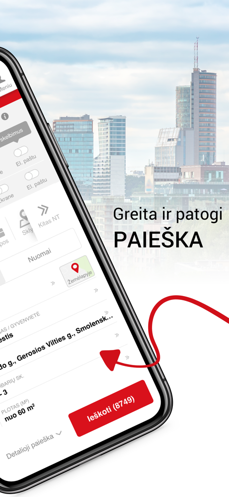 Aruodas.lt mobile app interface showing property search filters in Lithuania with a city background