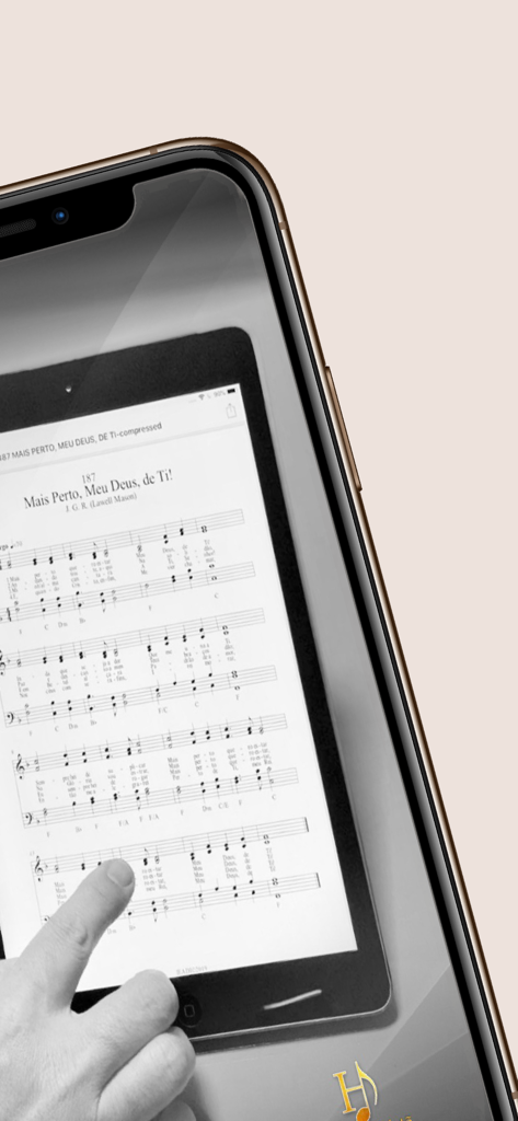 Harpa - Música - Cifra - Letra - Una pantalla de smartphone mostrando la partitura de un himno de la aplicación Harpa Crista