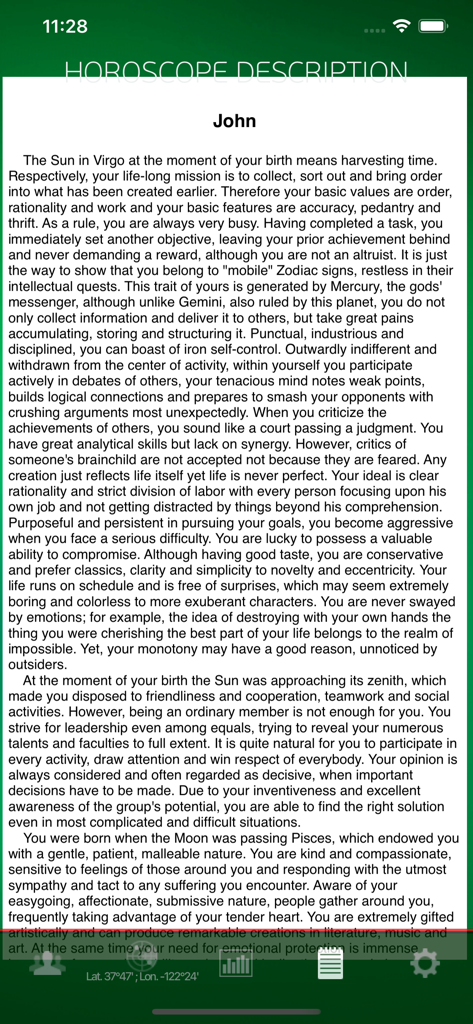 VegaSviri - A detailed text-based horoscope description for a user named John in the VegaSviri professional astrology app.