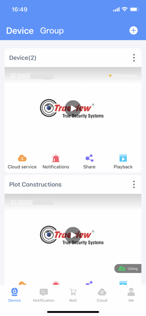 TrueCloud - TrueCloud-App-Dashboard mit einer Liste der verbundenen Überwachungskameras