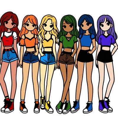 a group of girls wearing crop tops and shorts