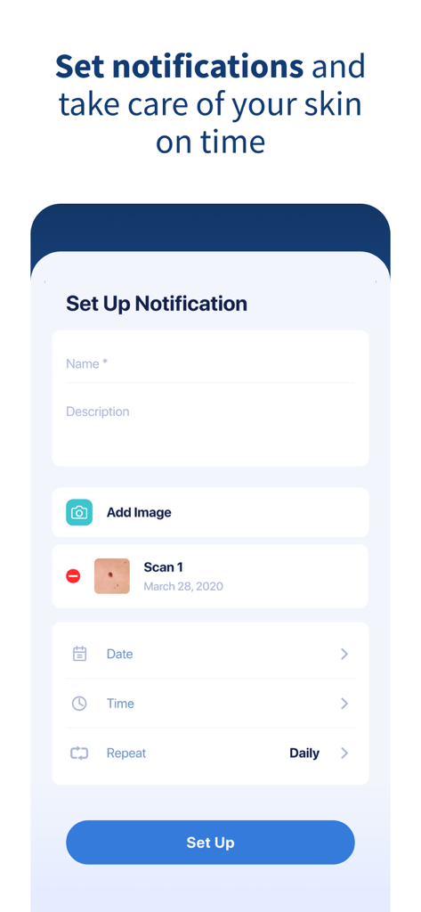 Schermata di configurazione per programmare promemoria e notifiche di scansione cutanea ricorrenti