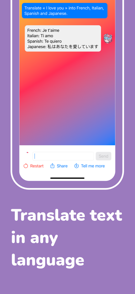 A screenshot of Chatbot Activate AI showing a user request to translate I love you into French Italian Spanish and Japanese with the instant AI response