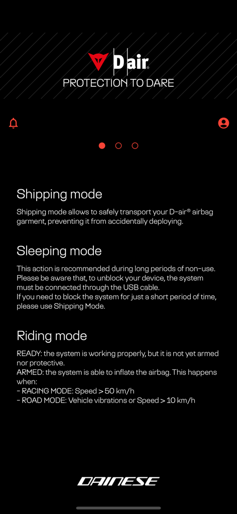 Dainese D-air ® - Dainese D-air App Benutzeroberfläche, die Beschreibungen von Versandmodus, Schlafmodus und Fahrmodus für Motorradairbags zeigt.