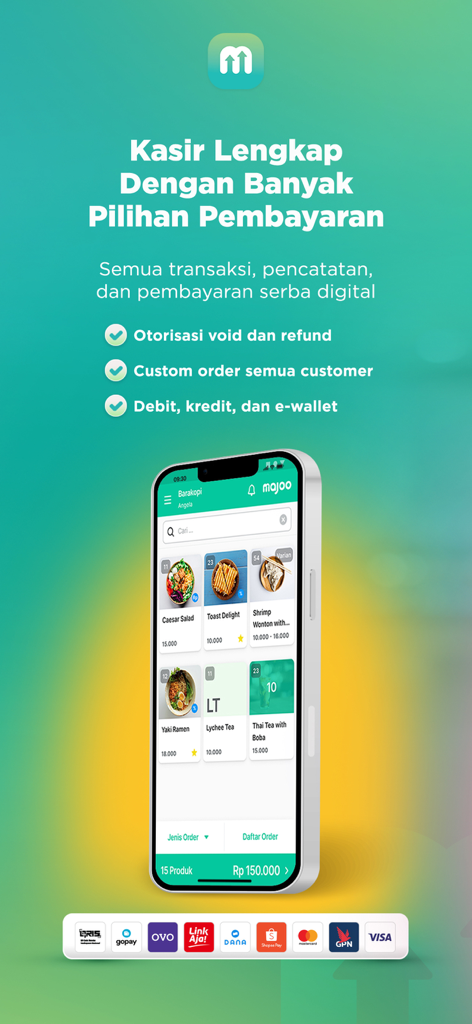 Aplikasi Kasir Wirausaha majoo - 製品メニューと様々なデジタル決済オプションを表示するモバイルPOSアプリインターフェース