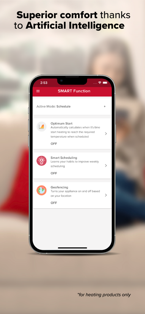 Ariston NET - Ariston NET app interface showing smart scheduling and geofencing features for home heating