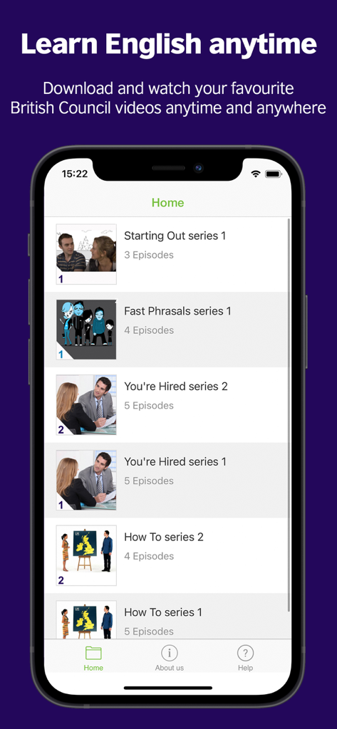 Home screen of the LearnEnglish Videos app showing various video series for language learning