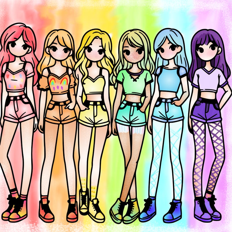 a group of girls wearing crop tops and shorts