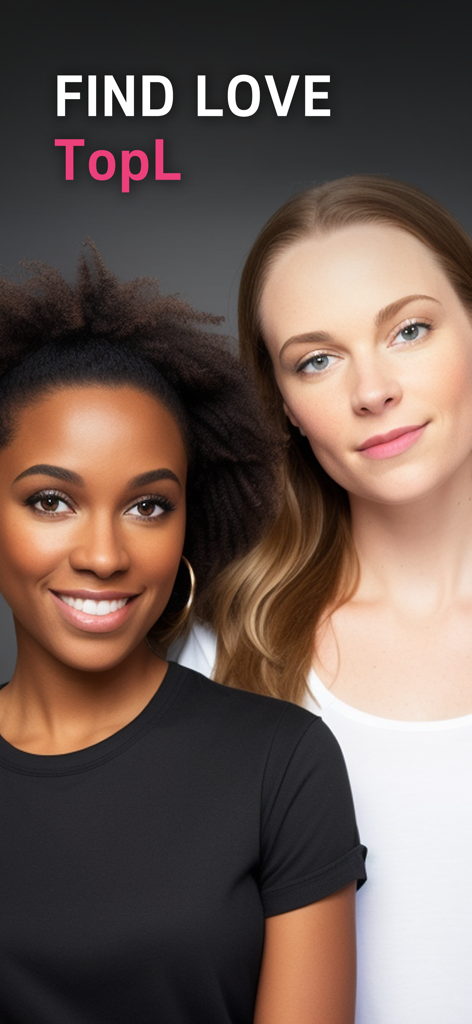 Dos mujeres sonriendo en una imagen promocional de la aplicación TopL con el texto Encuentra el amor